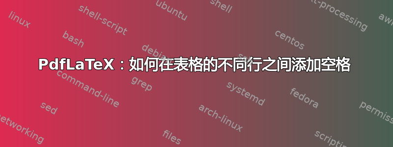 PdfLaTeX：如何在表格的不同行之间添加空格