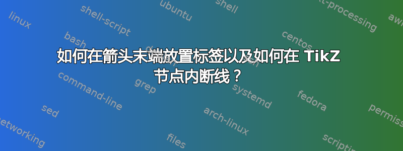 如何在箭头末端放置标签以及如何在 TikZ 节点内断线？