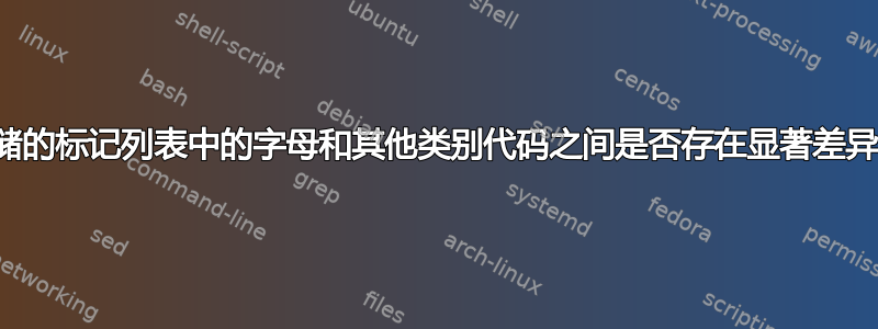 存储的标记列表中的字母和其他类别代码之间是否存在显著差异？