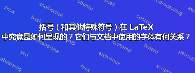 括号（和其他特殊符号）在 LaTeX 中究竟是如何呈现的？它们与文档中使用的字体有何关系？