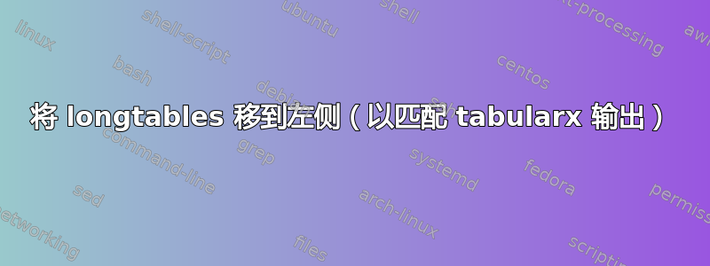 将 longtables 移到左侧（以匹配 tabularx 输出）