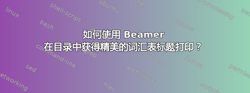 如何使用 Beamer 在目录中获得精美的词汇表标题打印？