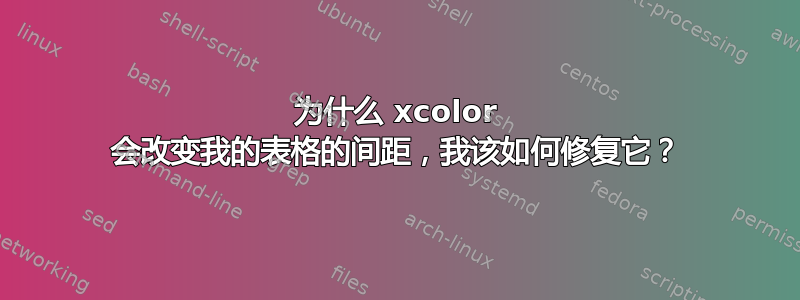 为什么 xcolor 会改变我的表格的间距，我该如何修复它？