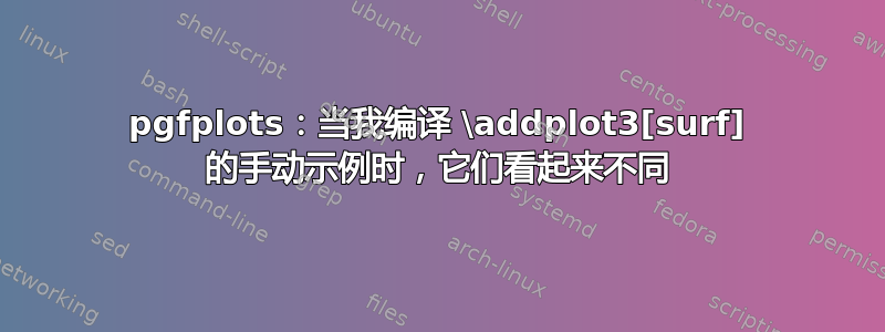 pgfplots：当我编译 \addplot3[surf] 的手动示例时，它们看起来不同