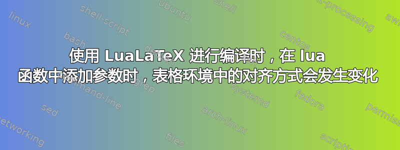 使用 LuaLaTeX 进行编译时，在 lua 函数中添加参数时，表格环境中的对齐方式会发生变化