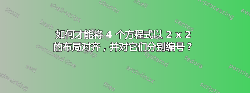 如何才能将 4 个方程式以 2 x 2 的布局对齐，并对它们分别编号？