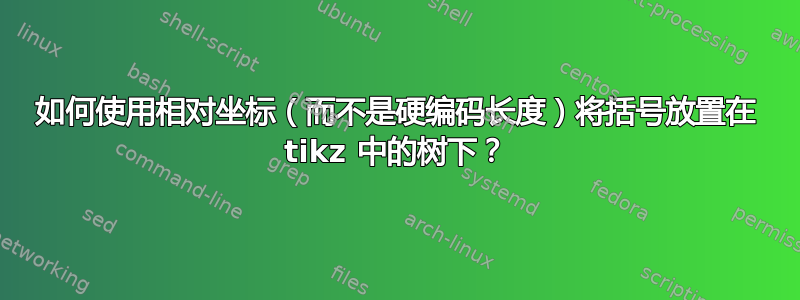 如何使用相对坐标（而不是硬编码长度）将括号放置在 tikz 中的树下？