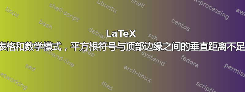 LaTeX 表格和数学模式，平方根符号与顶部边缘之间的垂直距离不足