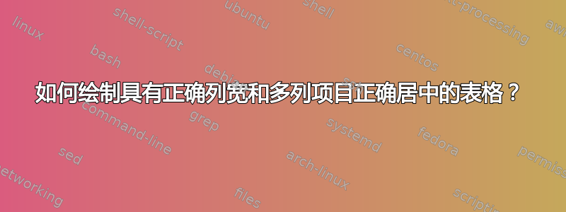 如何绘制具有正确列宽和多列项目正确居中的表格？