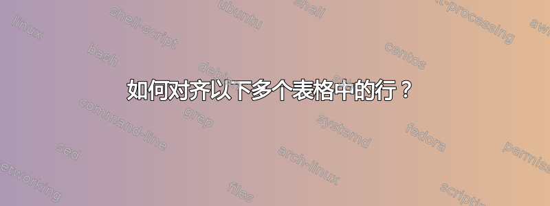 如何对齐以下多个表格中的行？