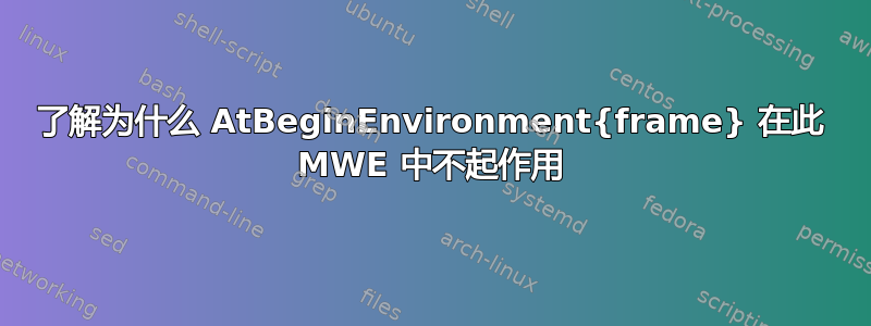 了解为什么 AtBeginEnvironment{frame} 在此 MWE 中不起作用