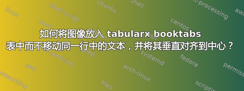 如何将图像放入 tabularx booktabs 表中而不移动同一行中的文本，并将其垂直对齐到中心？