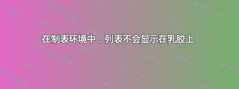 在制表环境中，列表不会显示在乳胶上