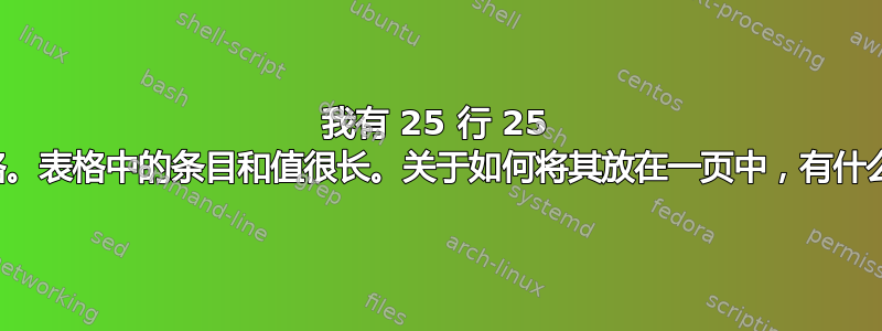 我有 25 行 25 列的表格。表格中的条目和值很长。关于如何将其放在一页中，有什么建议吗