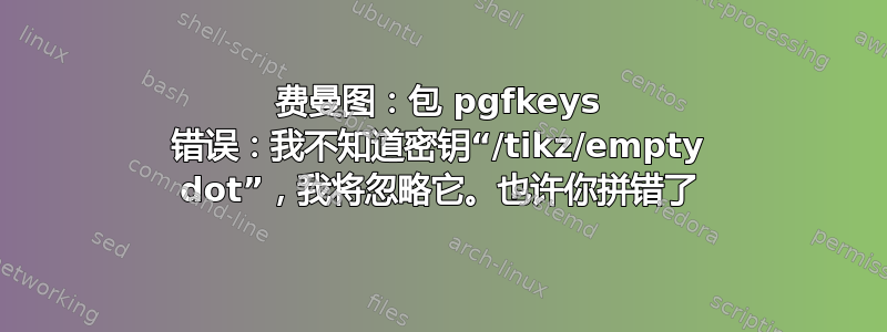 费曼图：包 pgfkeys 错误：我不知道密钥“/tikz/empty dot”，我将忽略它。也许你拼错了