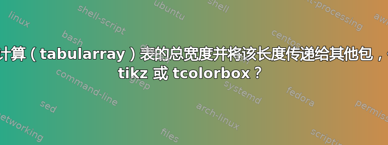 如何计算（tabularray）表的总宽度并将该长度传递给其他包，例如 tikz 或 tcolorbox？