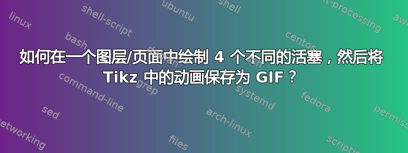 如何在一个图层/页面中绘制 4 个不同的活塞，然后将 Tikz 中的动画保存为 GIF？