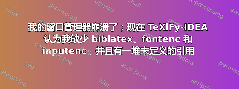 我的窗口管理器崩溃了；现在 TeXiFy-IDEA 认为我缺少 biblatex、fontenc 和 inputenc，并且有一堆未定义的引用