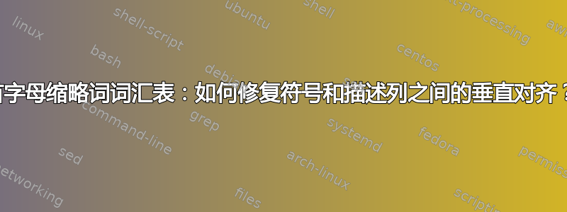 首字母缩略词词汇表：如何修复符号和描述列之间的垂直对齐？