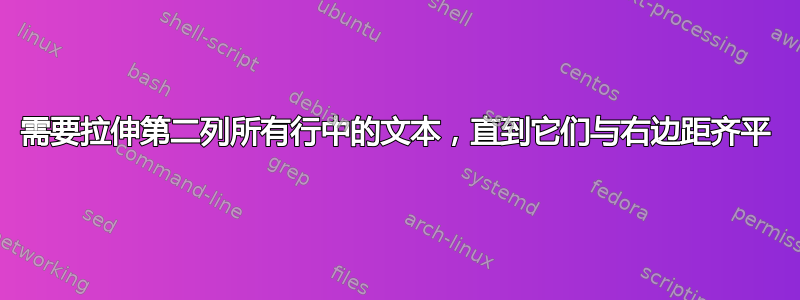 需要拉伸第二列所有行中的文本，直到它们与右边距齐平