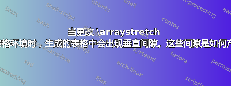 当更改 \arraystretch 并嵌套表格环境时，生成的表格中会出现垂直间隙。这些间隙是如何产生的？