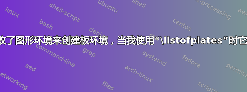 我已经修改了图形环境来创建板环境，当我使用“\listofplates”时它不起作用