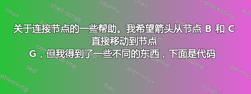 关于连接节点的一些帮助。我希望箭头从节点 B 和 C 直接移动到节点 G，但我得到了一些不同的东西，下面是代码 