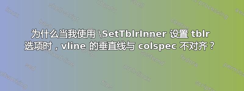 为什么当我使用 \SetTblrInner 设置 tblr 选项时，vline 的垂直线与 colspec 不对齐？