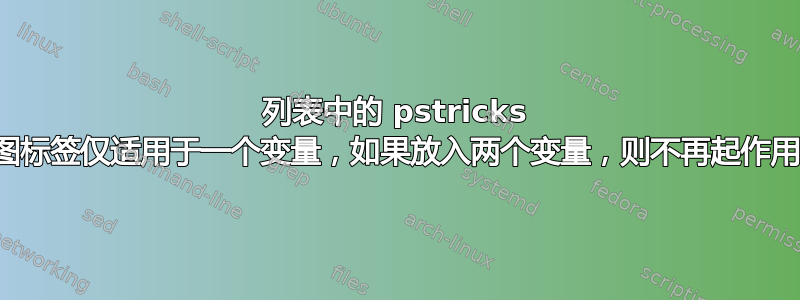 列表中的 pstricks 图标签仅适用于一个变量，如果放入两个变量，则不再起作用