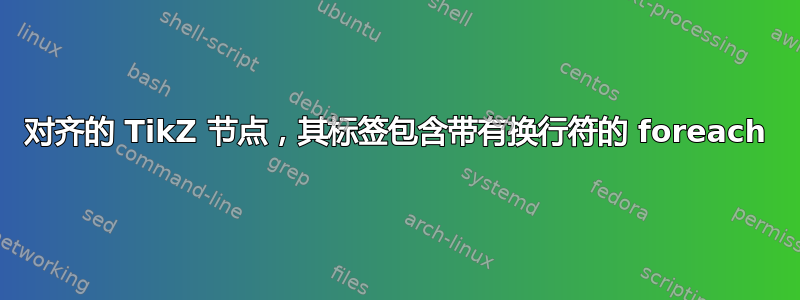 对齐的 TikZ 节点，其标签包含带有换行符的 foreach