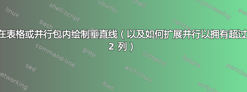 在表格或并行包内绘制垂直线（以及如何扩展并行以拥有超过 2 列）