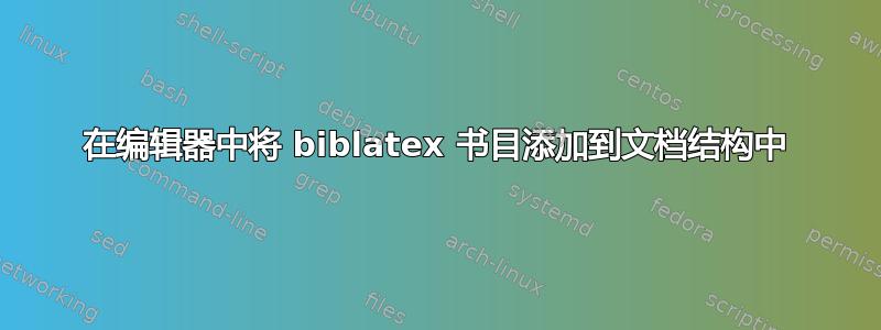 在编辑器中将 biblatex 书目添加到文档结构中