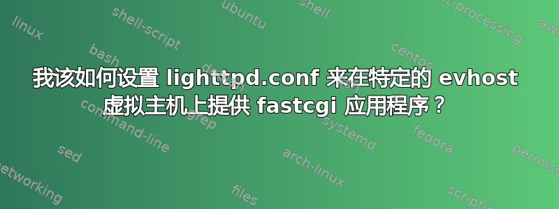 我该如何设置 lighttpd.conf 来在特定的 evhost 虚拟主机上提供 fastcgi 应用程序？