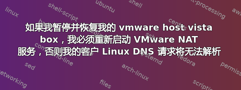 如果我暂停并恢复我的 vmware host vista box，我必须重新启动 VMware NAT 服务，否则我的客户 Linux DNS 请求将无法解析