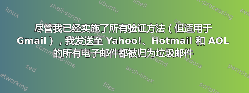 尽管我已经实施了所有验证方法（但适用于 Gmail），我发送至 Yahoo!、Hotmail 和 AOL 的所有电子邮件都被归为垃圾邮件