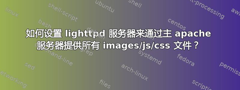 如何设置 lighttpd 服务器来通过主 apache 服务器提供所有 images/js/css 文件？