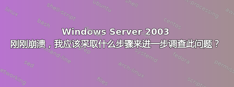 Windows Server 2003 刚刚崩溃，我应该采取什么步骤来进一步调查此问题？