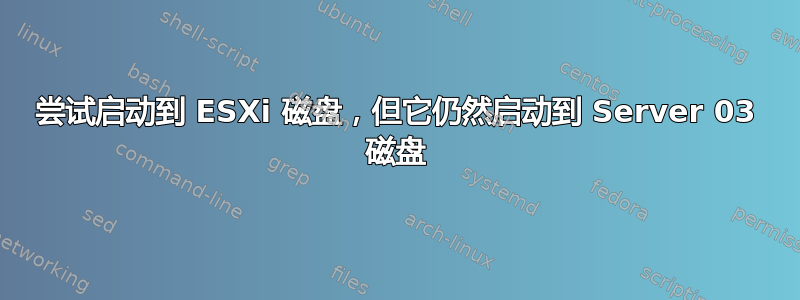 尝试启动到 ESXi 磁盘，但它仍然启动到 Server 03 磁盘