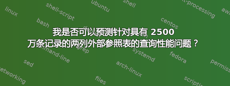 我是否可以预测针对具有 2500 万条记录的两列外部参照表的查询性能问题？