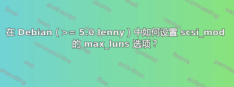 在 Debian（>= 5.0 lenny）中如何设置 scsi_mod 的 max_luns 选项？