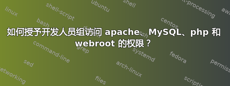 如何授予开发人员组访问 apache、MySQL、php 和 webroot 的权限？