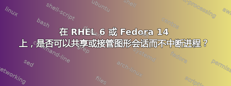 在 RHEL 6 或 Fedora 14 上，是否可以共享或接管图形会话而不中断进程？