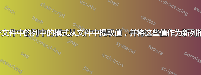 如何使用另一个文件中的列中的模式从文件中提取值，并将这些值作为新列插入到后者中？