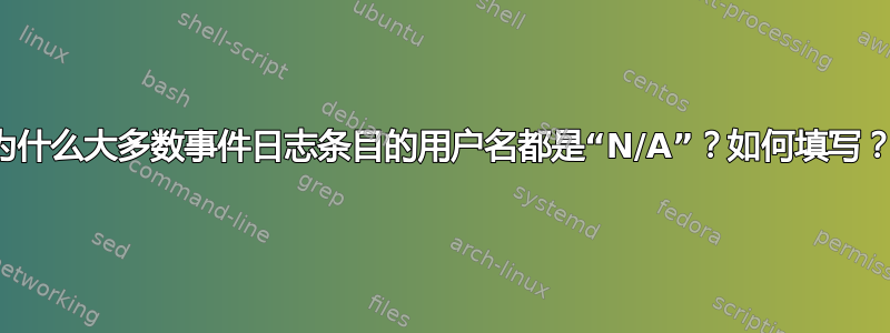 为什么大多数事件日志条目的用户名都是“N/A”？如何填写？