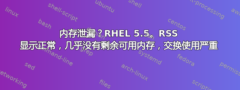 内存泄漏？RHEL 5.5。RSS 显示正常，几乎没有剩余可用内存，交换使用严重