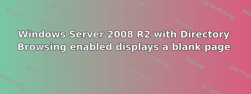 Windows Server 2008 R2 with Directory Browsing enabled displays a blank page