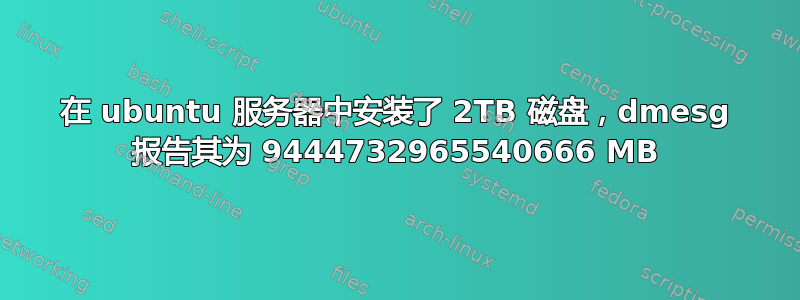 在 ubuntu 服务器中安装了 2TB 磁盘，dmesg 报告其为 9444732965540666 MB