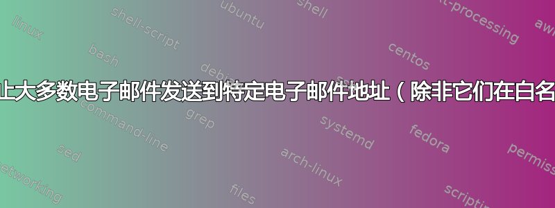 如何阻止大多数电子邮件发送到特定电子邮件地址（除非它们在白名单中）