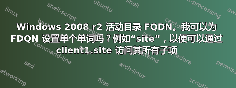 Windows 2008 r2 活动目录 FQDN。我可以为 FDQN 设置单个单词吗？例如“site”，以便可以通过 client1.site 访问其所有子项