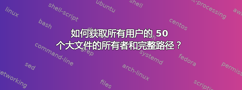 如何获取所有用户的 50 个大文件的所有者和完整路径？